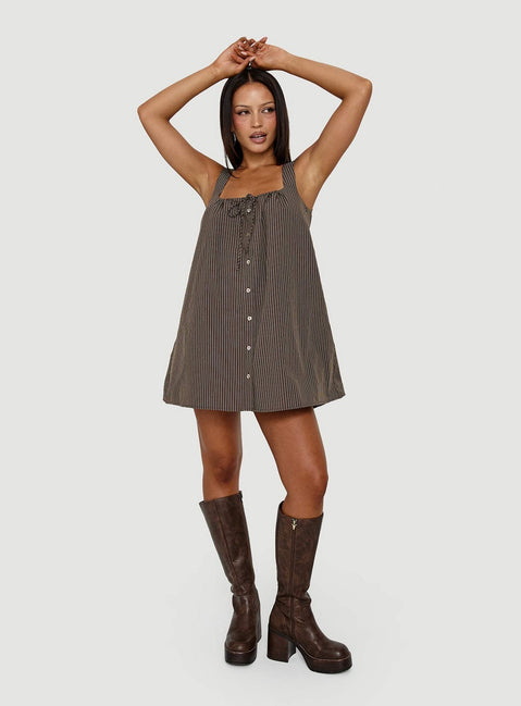 Bambalina Babydoll Mini-Kleid braun gestreift