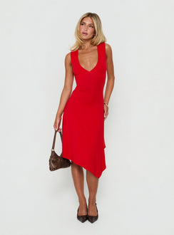 Louisia V-Ausschnitt Midi-Kleid mit Taschentuchsaum Rot
