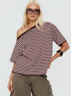 Settle Down One-Shoulder-Top Rosa/Schoko gestreift