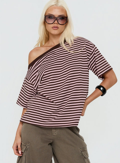 Settle Down One-Shoulder-Top Rosa/Schoko gestreift