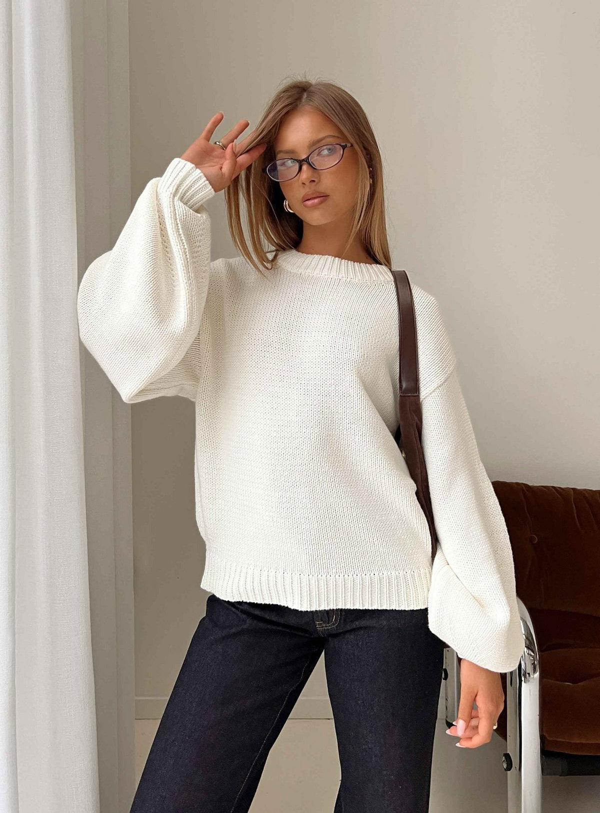 Harmony Strickpullover mit Ballonärmeln Weiß