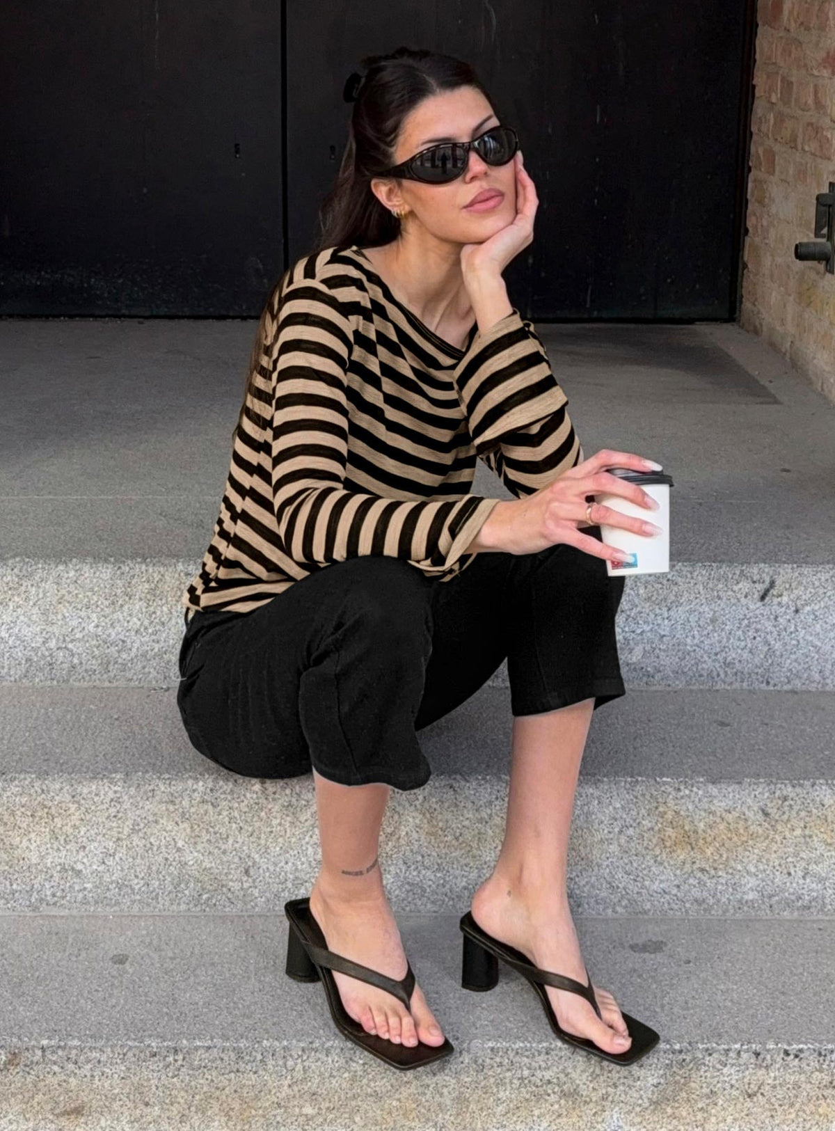 So Composed Langarm-Top mit U-Boot-Ausschnitt Latte Stripe