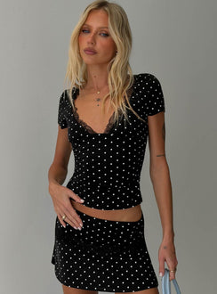 Amia Lace V-Ausschnitt Top Schwarz Tupfen