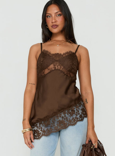 Cleosa asymmetrisches Satin-Top mit Spitzenbesatz, Schokobraun