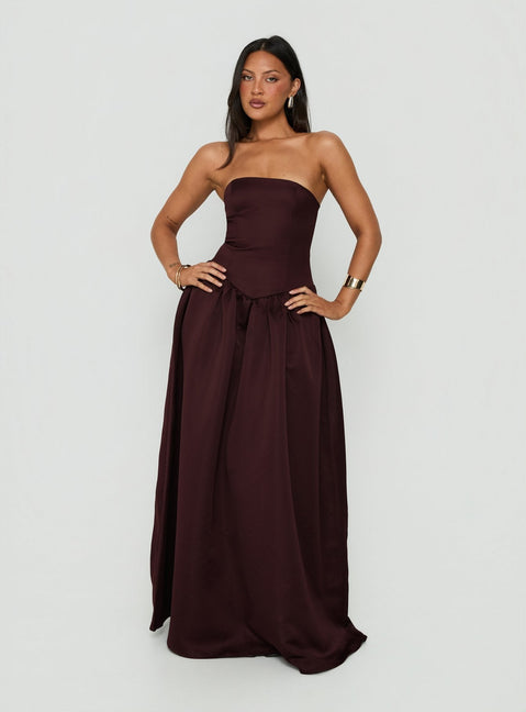 Soft Bloom Trägerloses Maxi-Kleid mit tiefer Taille in Schokobraun