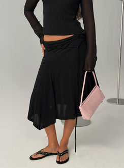   front view of model wearing Princess Polly Joaney Tie Side Jersey Midi Skirt Black Midi Skirts Skirts 