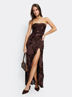 Maribeth trägerloses Maxikleid mit Blumenmuster Schokobraun