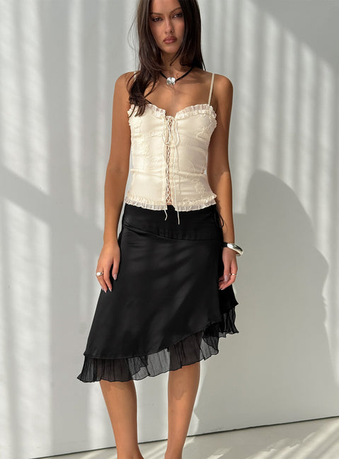   front view of model wearing Princess Polly Rosemead Satin Midi Skirt Black Midi Skirts 