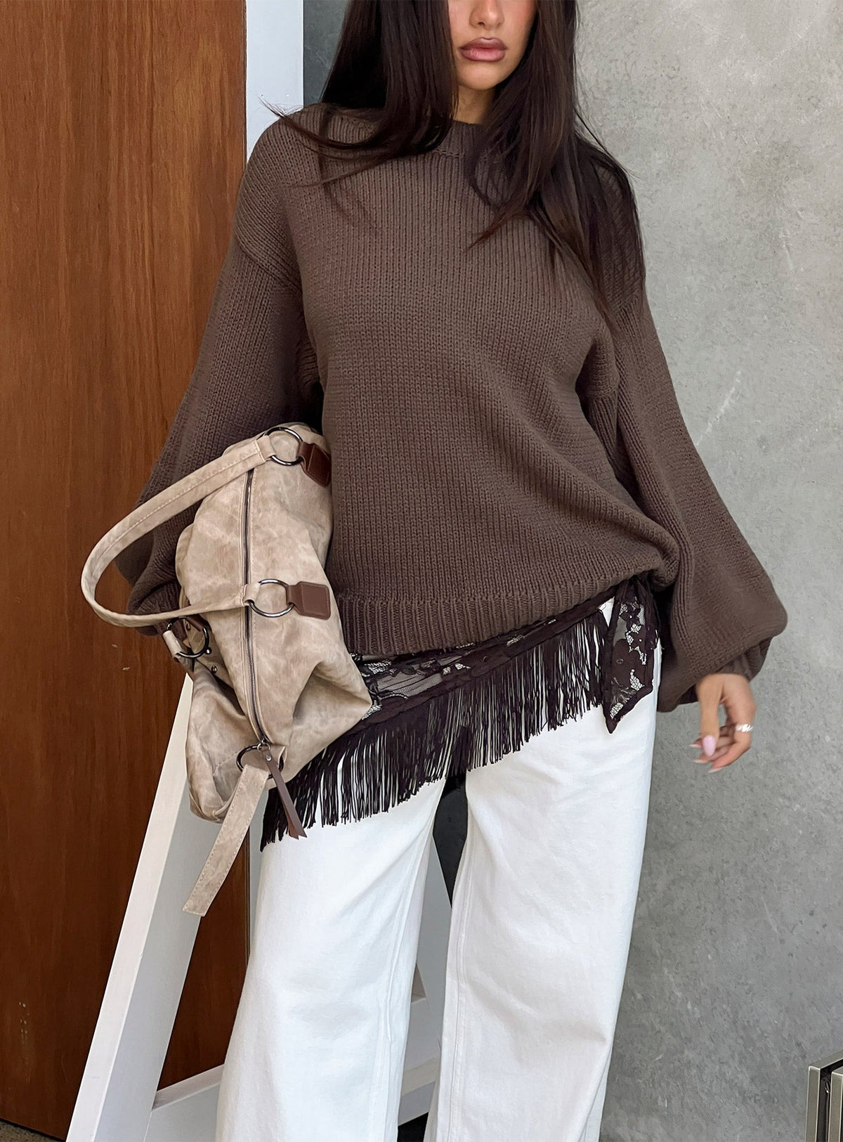 Harmony Ballonärmel Strickpullover Dunkelbraun