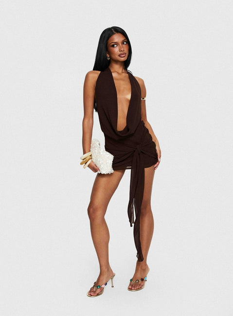 Snakepit Neckholder Plunge Minikleid Schoko