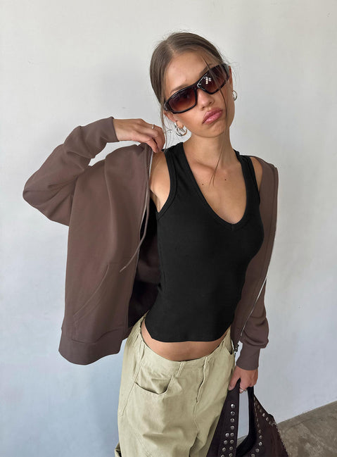 Showcasing the All Day Oversized Hoodie Mocha womens jumpers short length front view of model wearing Princess Polly