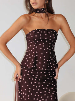 Sydni schulterfreies Oberteil mit Schal-Detail Schokobraun / Pink Polka Dot