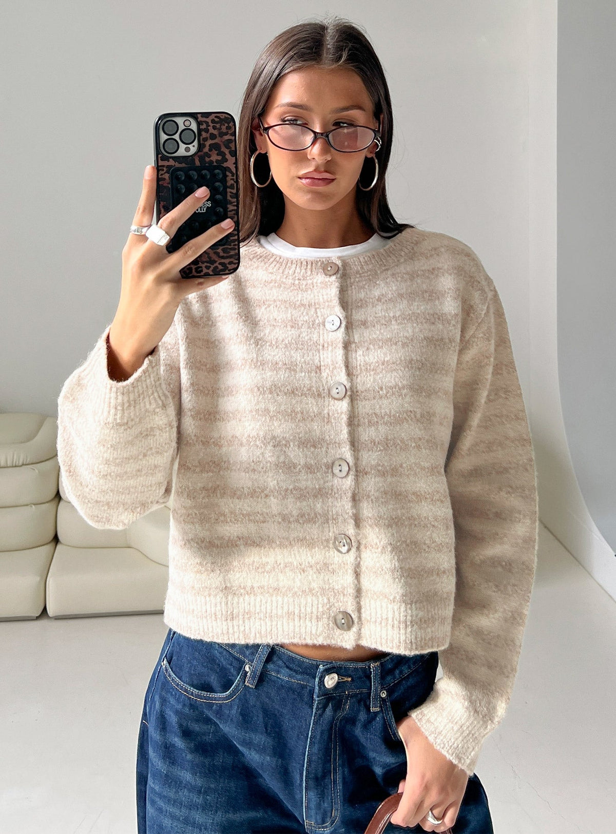 front view of model wearing Princess Polly Raynna Button Up Cardigan Beige Stripe Cropped Jumpers 
