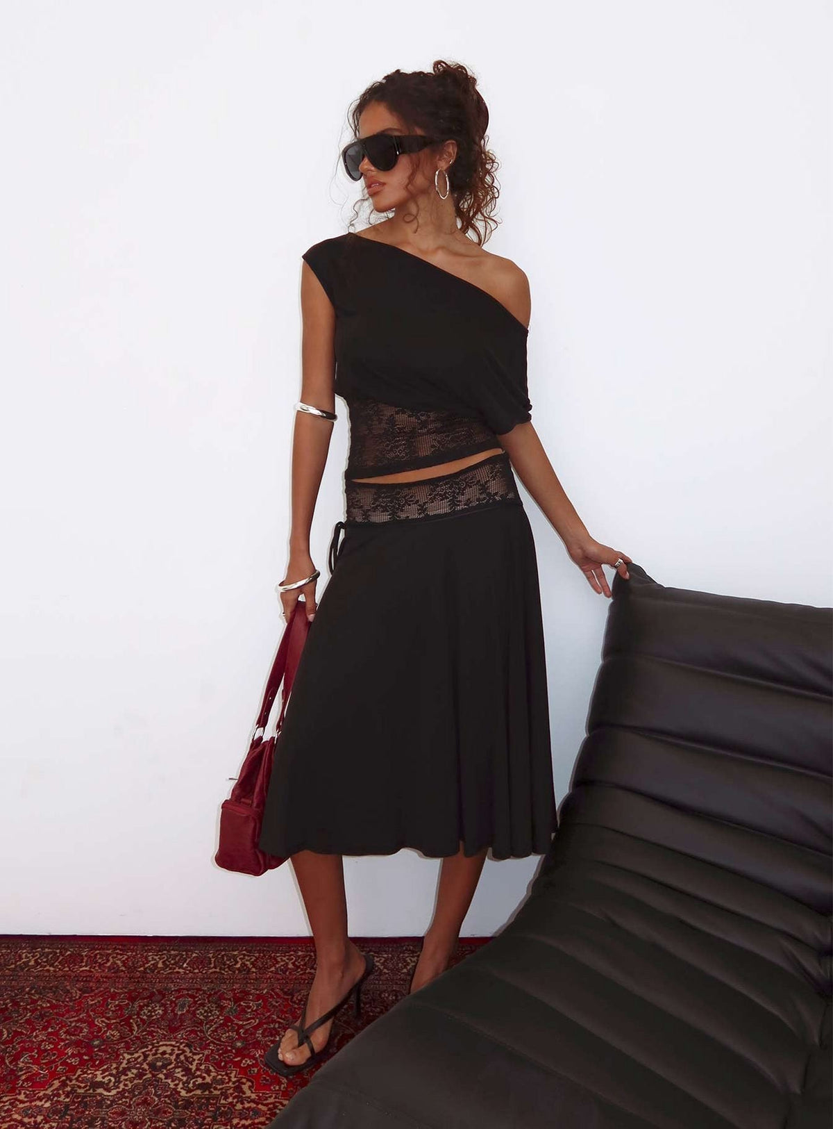   side view of model wearing Princess Polly Marienna Lace Midi Skirt Black Midi Skirts Skirts 