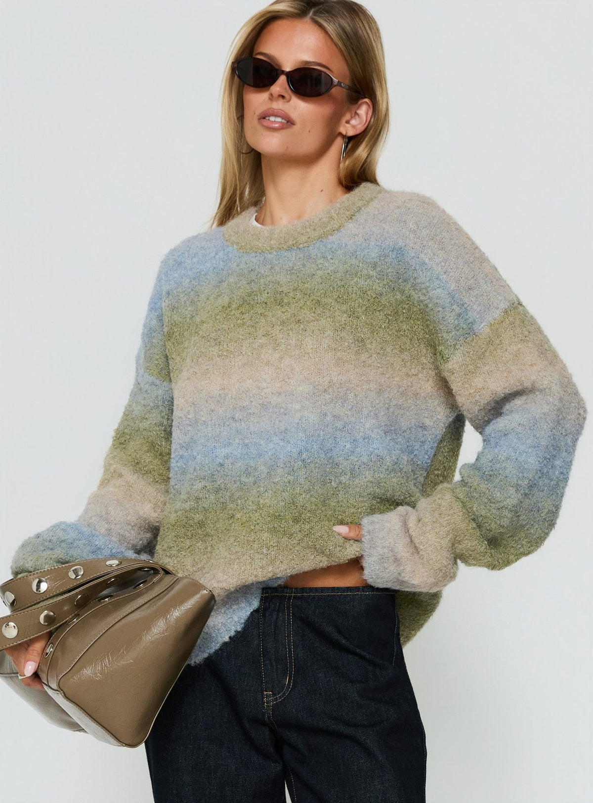 Showcasing the Loyalty Knit Jumper Ocean Moss womens-jumpers in oversized short length with striped round neckline front view of model wearing Princess Polly