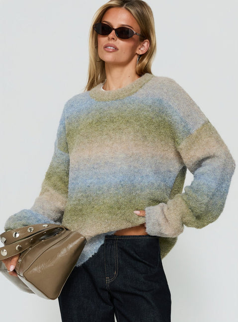 Showcasing the Loyalty Knit Jumper Ocean Moss womens-jumpers in oversized short length with striped round neckline front view of model wearing Princess Polly