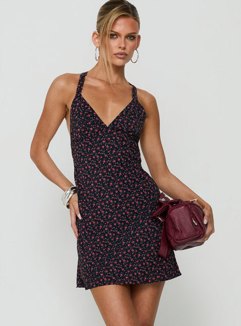Rosabelle Halter-Satin-Minikleid Marineblau / Rot geblümt