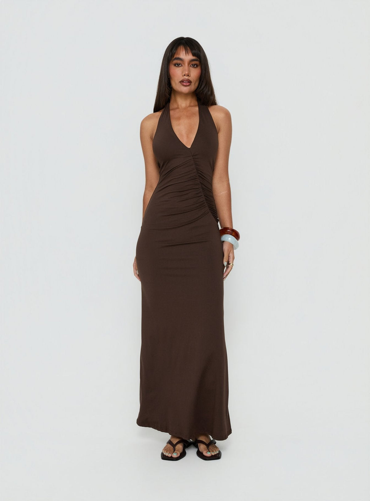 Cadira gerafftes Neckholder Maxikleid Schokobraun