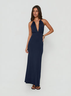 Dionira Plunge Neck Maxikleid zum Binden in Marineblau