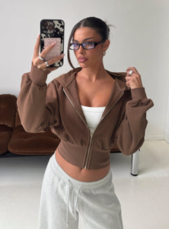 Showcasing the Daytime Cropped Blouson Hoodie Cocoa womens-jumpers in short length front view of model wearing Princess Polly