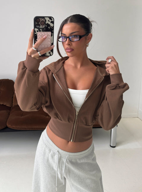 Showcasing the Daytime Cropped Blouson Hoodie Cocoa womens-jumpers in short length front view of model wearing Princess Polly