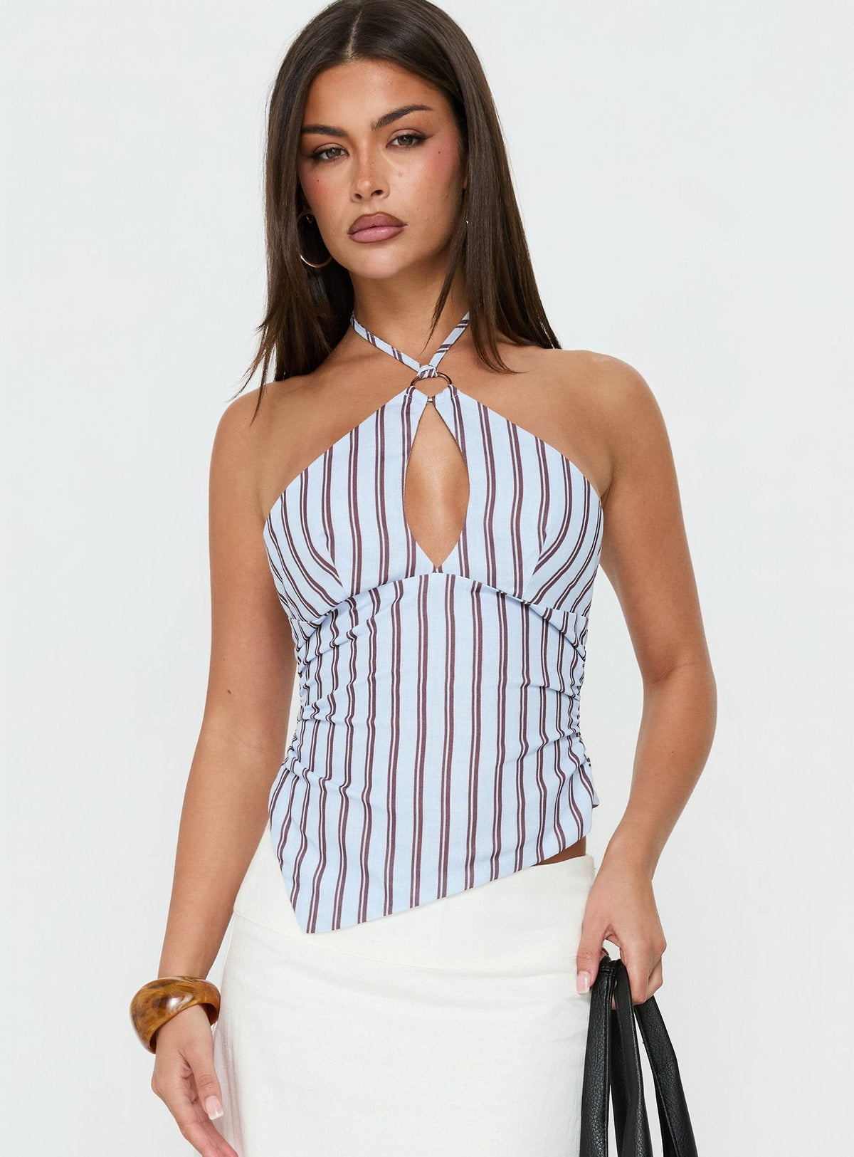 Idiana Halter Neck Oberteil mit Schlüsselloch-Ausschnitt, blau gestreift