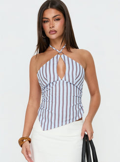 Idiana Halter Neck Oberteil mit Schlüsselloch-Ausschnitt, blau gestreift