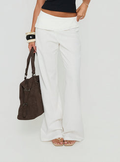 Featuring the Brea Frill Belted Pants White womens-regular-pants with high-rise detail view of model wearing