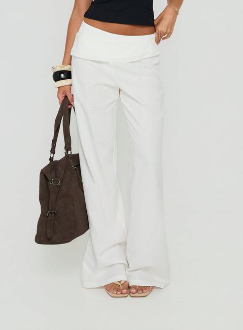 Featuring the Brea Frill Belted Pants White womens-regular-pants with high-rise detail view of model wearing
