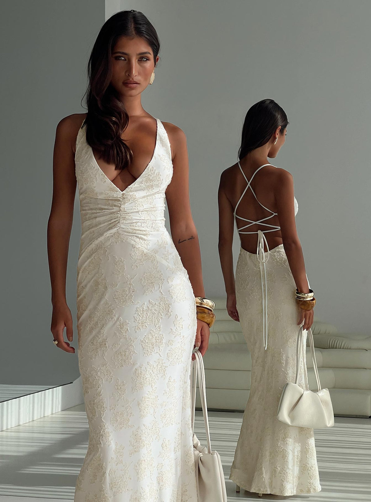 front view of model wearing Princess Polly Starcrossed Halter Maxi Dress Cream Plunger 