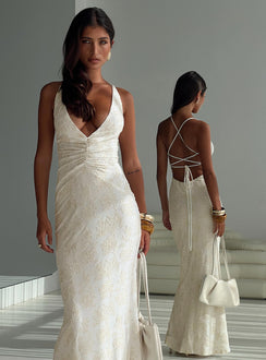 front view of model wearing Princess Polly Starcrossed Halter Maxi Dress Cream Plunger 