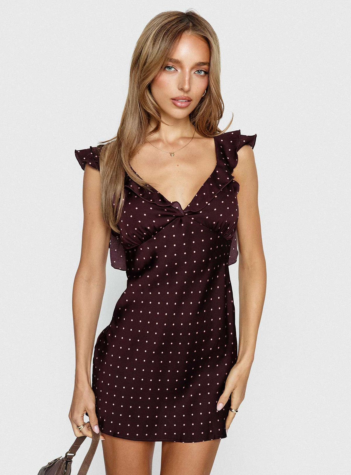 Kamillah Rüschen-Minikleid Bordeauxrote Gepunktet