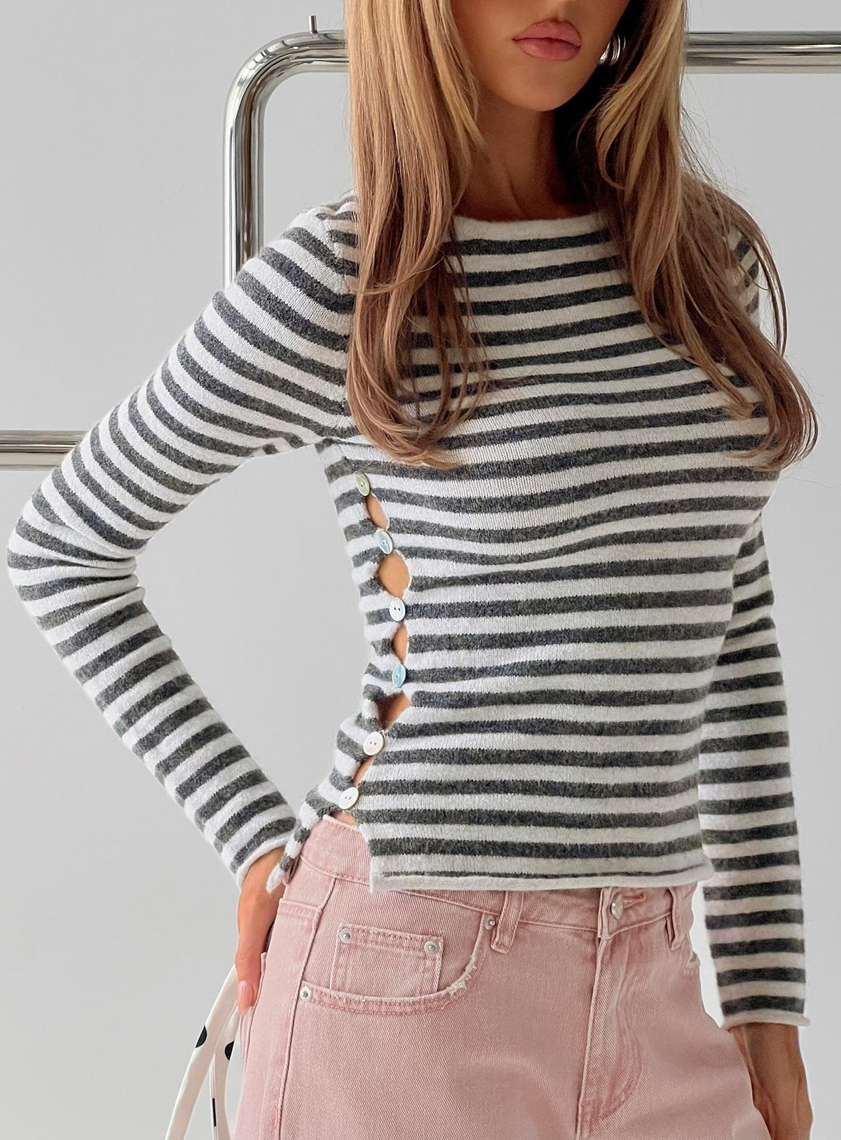 Annalyse Langarm-Top mit Knopfleiste und Streifen