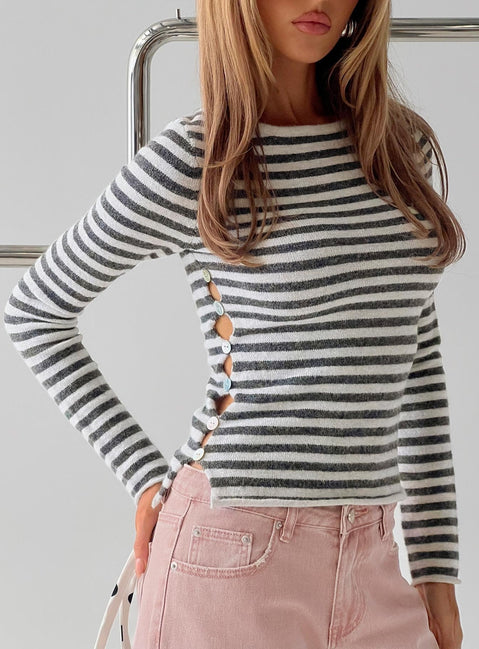 Annalyse Langarm-Top mit Knopfleiste und Streifen