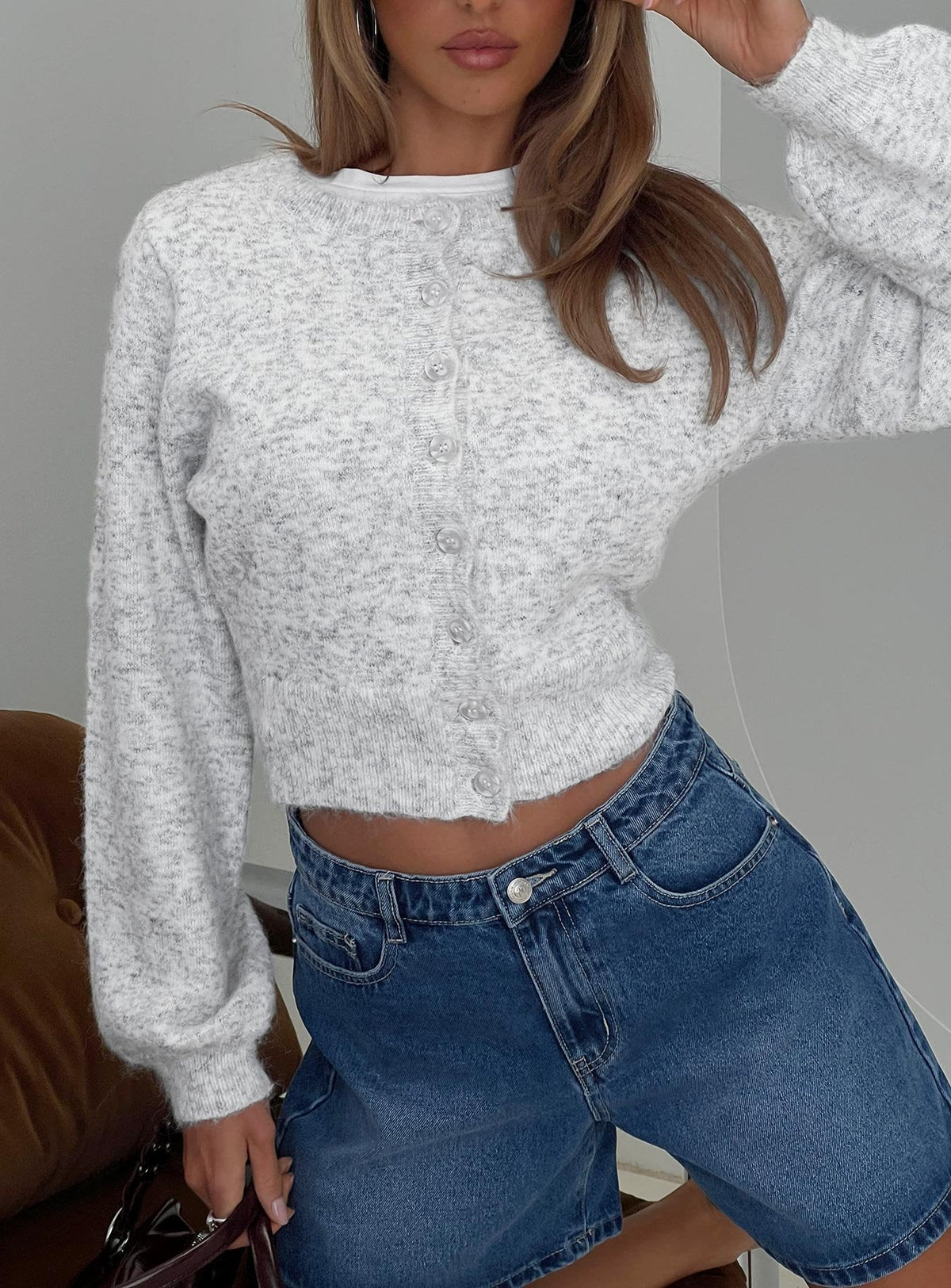 Showcasing the Dawsen Button Down Cardigan Grey womens-jumpers in short length front view of model wearing Princess Polly