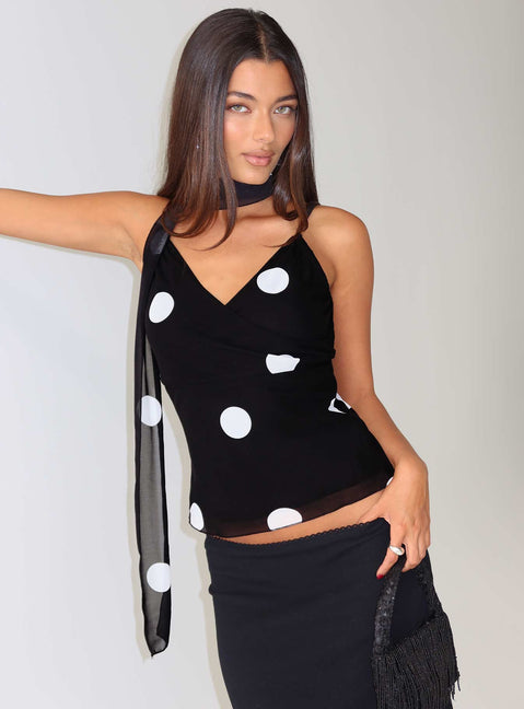 Jenae Schal Detail Cami Top Schwarz / Weiß Polka
