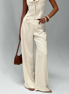 front view of model wearing Princess Polly Aubrette Satin Tie Pants Cream High Rise Pants 