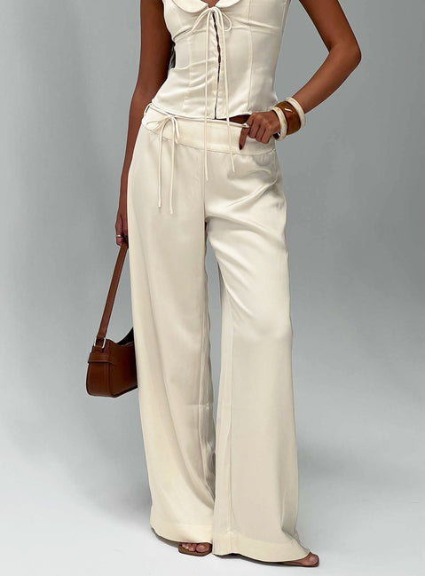 front view of model wearing Princess Polly Aubrette Satin Tie Pants Cream High Rise Pants 