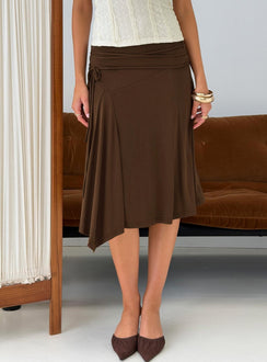 Introducing the Joaney Tie Side Jersey Midi Skirt in Chocolate womens-skirts with midi length front view of model wearing Princess Polly