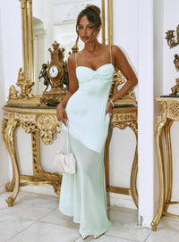 front view of model wearing Princess Polly Aurellia Splice Maxi Dress Ice Blue Sweetheart Neckline 