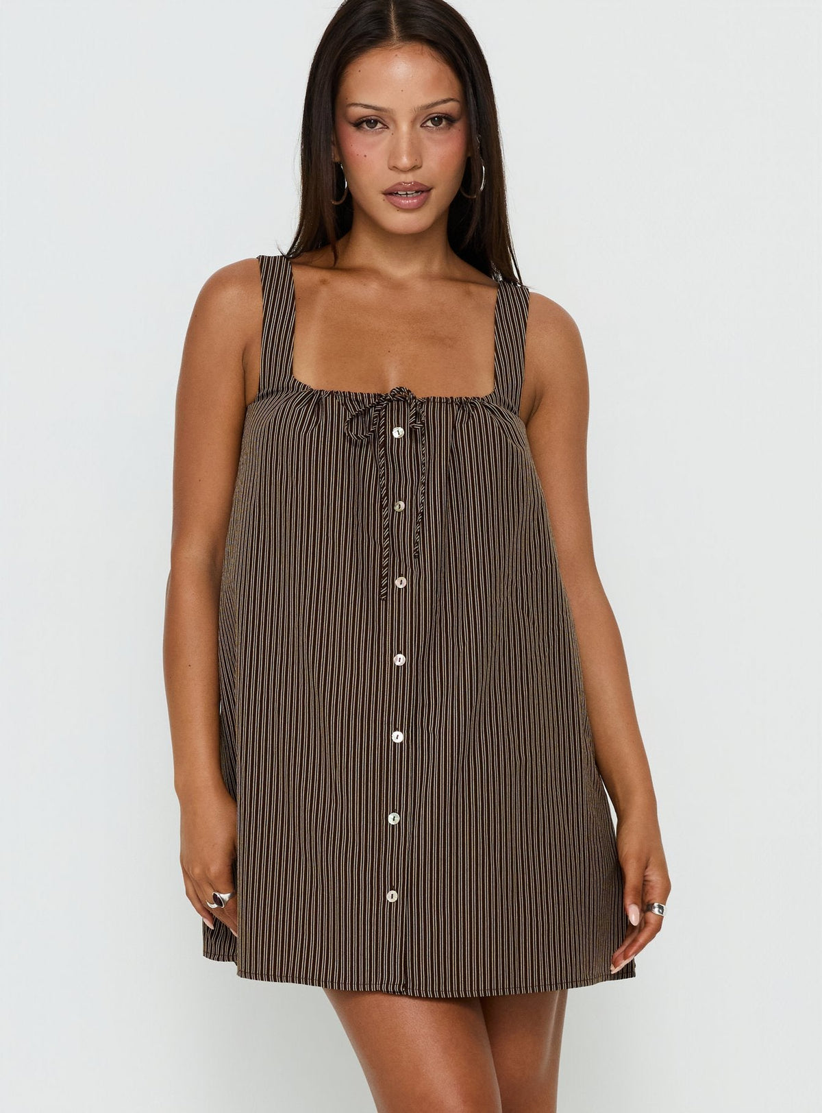Bambalina Babydoll Mini-Kleid braun gestreift
