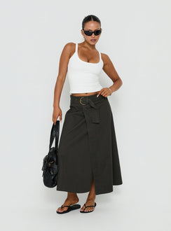 Featuring the True Visions Belted Maxi Skirt Charcoal womens-skirts in dark olive green maxi length side view of model wearing Princess Polly