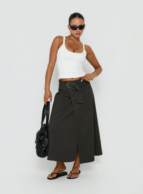 Featuring the True Visions Belted Maxi Skirt Charcoal womens-skirts in dark olive green maxi length side view of model wearing Princess Polly