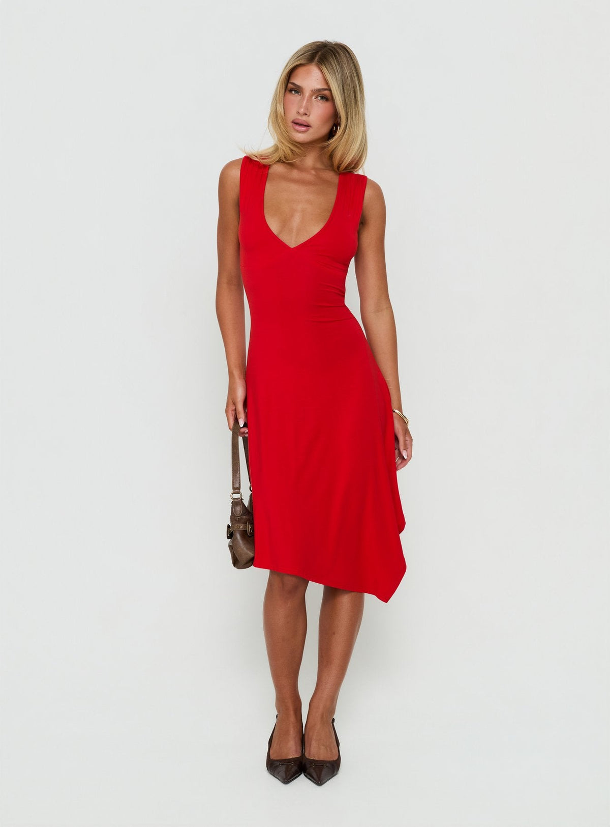 Louisia V-Ausschnitt Midi-Kleid mit Taschentuchsaum Rot