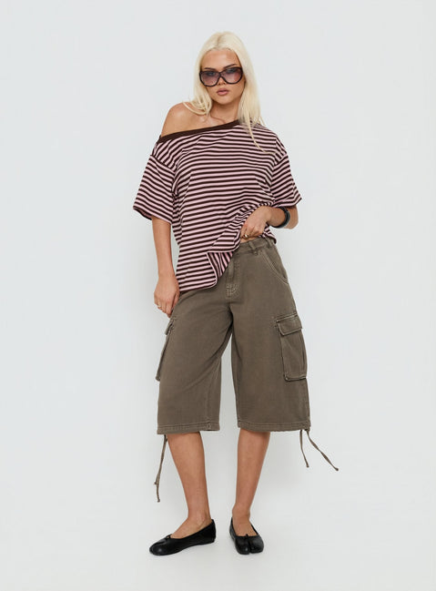 Settle Down One-Shoulder-Top Rosa/Schoko gestreift