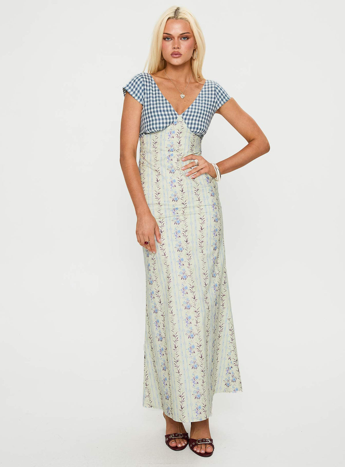 front view of model wearing Princess Polly Saije Maxi Dress Multi Floral V-Neck 