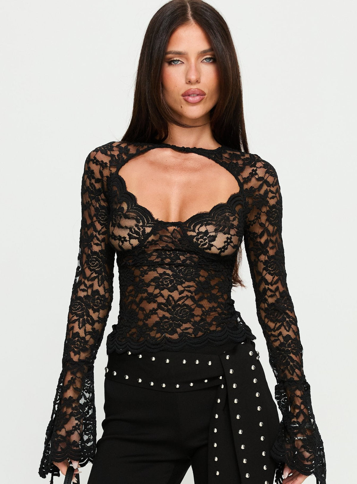 Karmel Lace Langarm-Oberteil Schwarz
