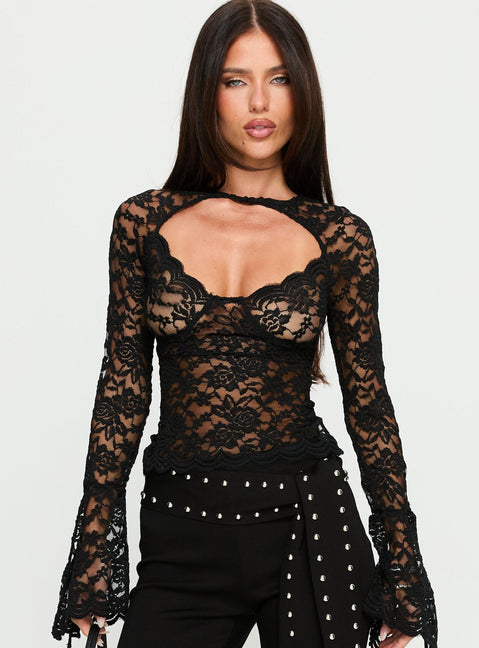 Karmel Lace Langarm-Oberteil Schwarz