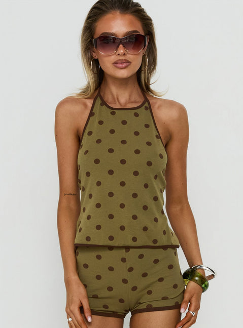 Speranza High-Neck-Neckholder-Top mit grünen Polka Dots