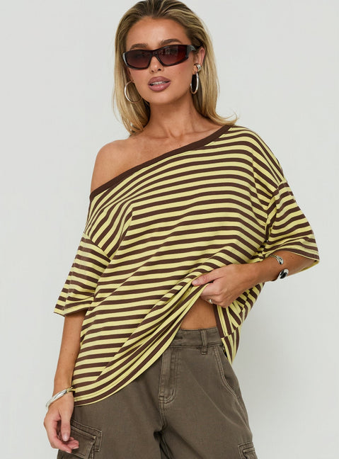 Settle Down One-Shoulder-Oberteil Gelb / Schokobraun gestreift